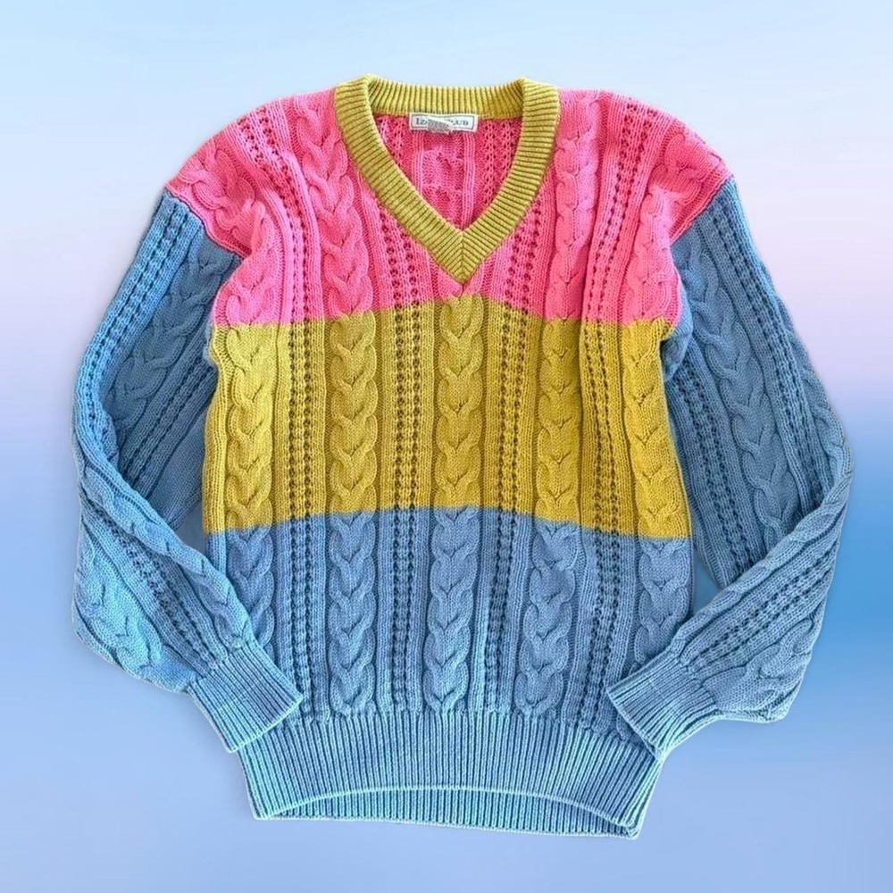 Vintage Izod Club Colorblock Cable Knit Sweater S